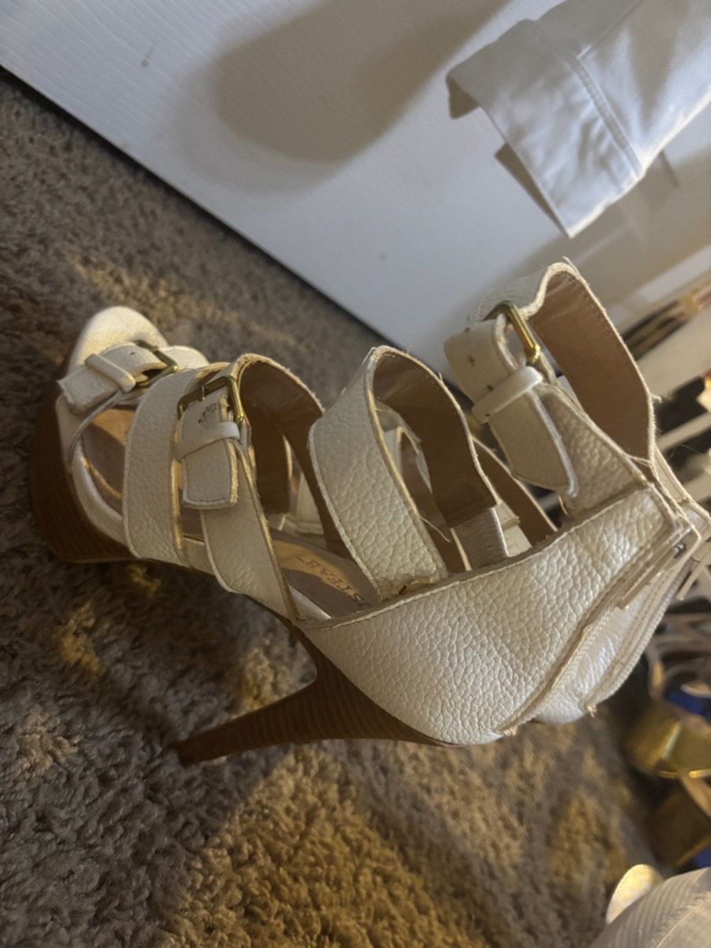 JustFab Cream Strappy High Heel Sandals with Gold Buckles